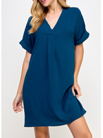 2HD4008 - SOLID VNECK DRESS W FRONT BOX PLEATS AND ROLLED CUFF SLEEVE