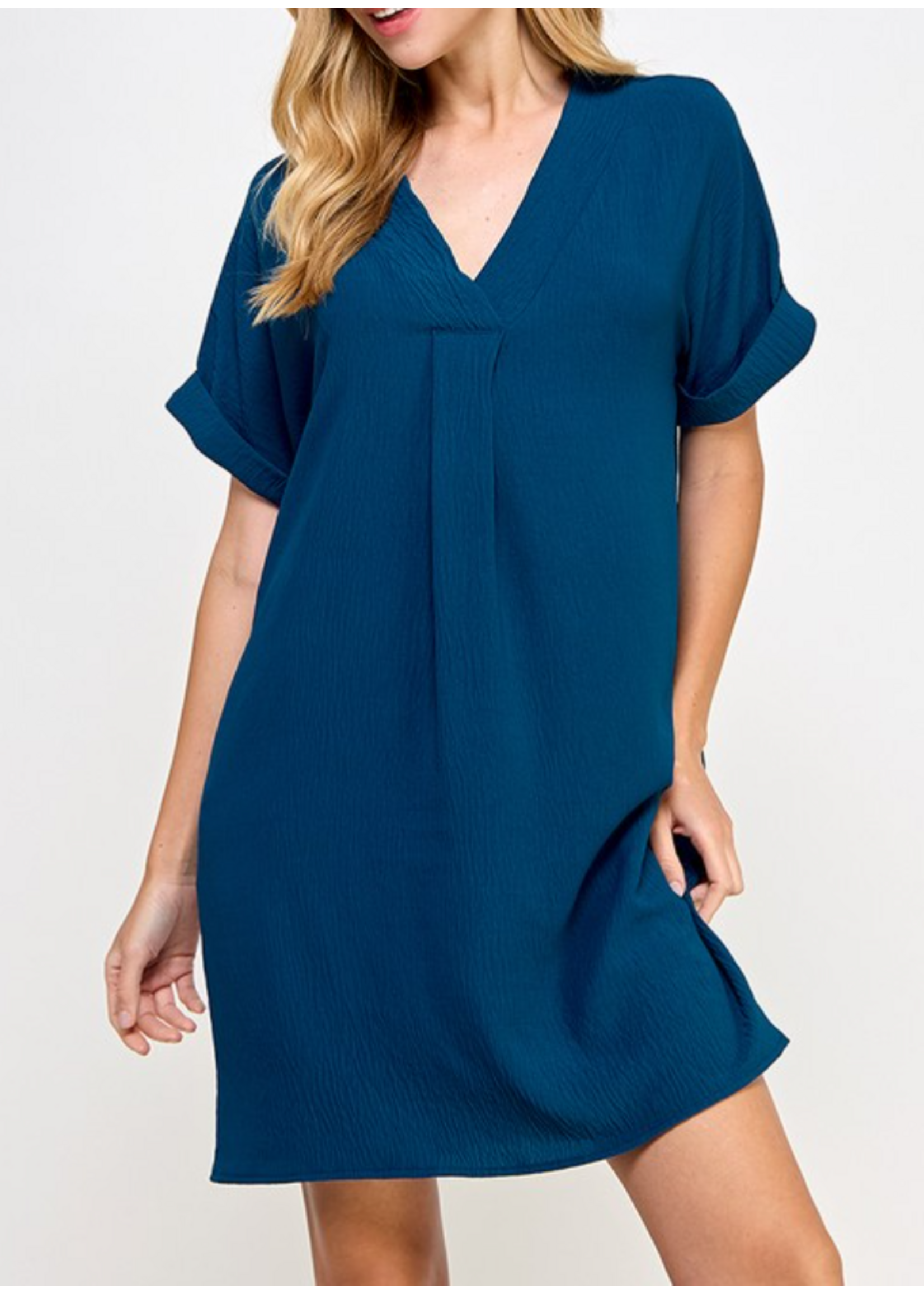 2HD4008 - SOLID VNECK DRESS W FRONT BOX PLEATS AND ROLLED CUFF SLEEVE