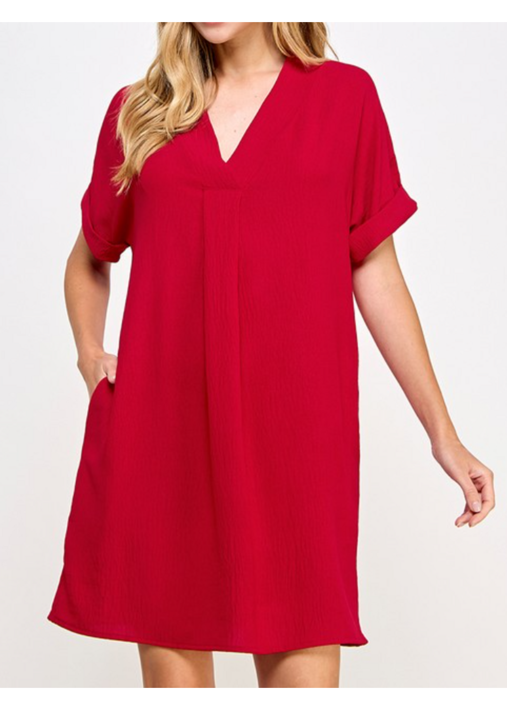 2HD4008 - SOLID VNECK DRESS W FRONT BOX PLEATS AND ROLLED CUFF SLEEVE