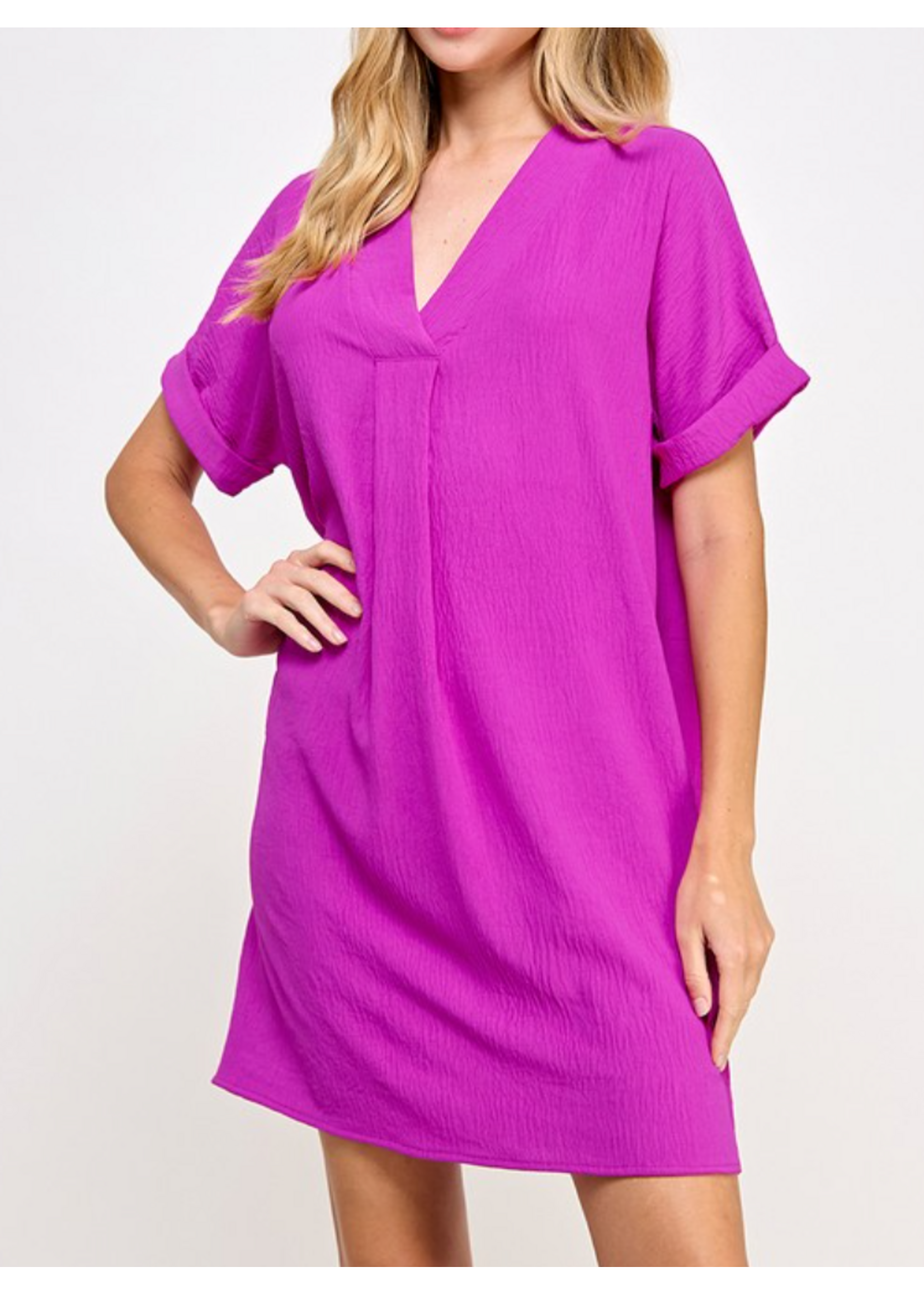 2HD4008 - SOLID VNECK DRESS W FRONT BOX PLEATS AND ROLLED CUFF SLEEVE