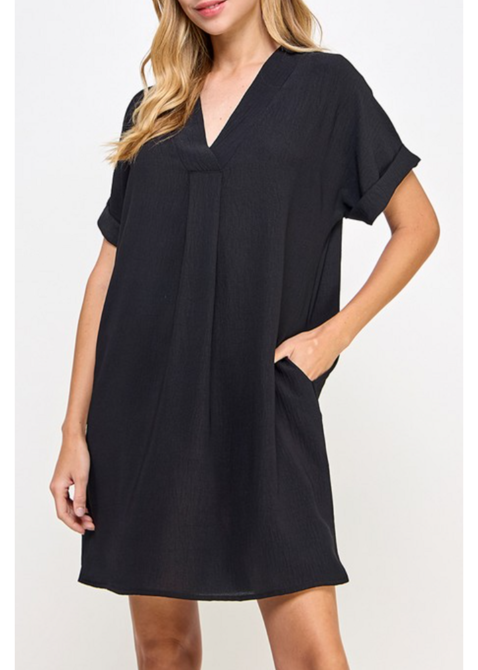 2HD4008 - SOLID VNECK DRESS W FRONT BOX PLEATS AND ROLLED CUFF SLEEVE