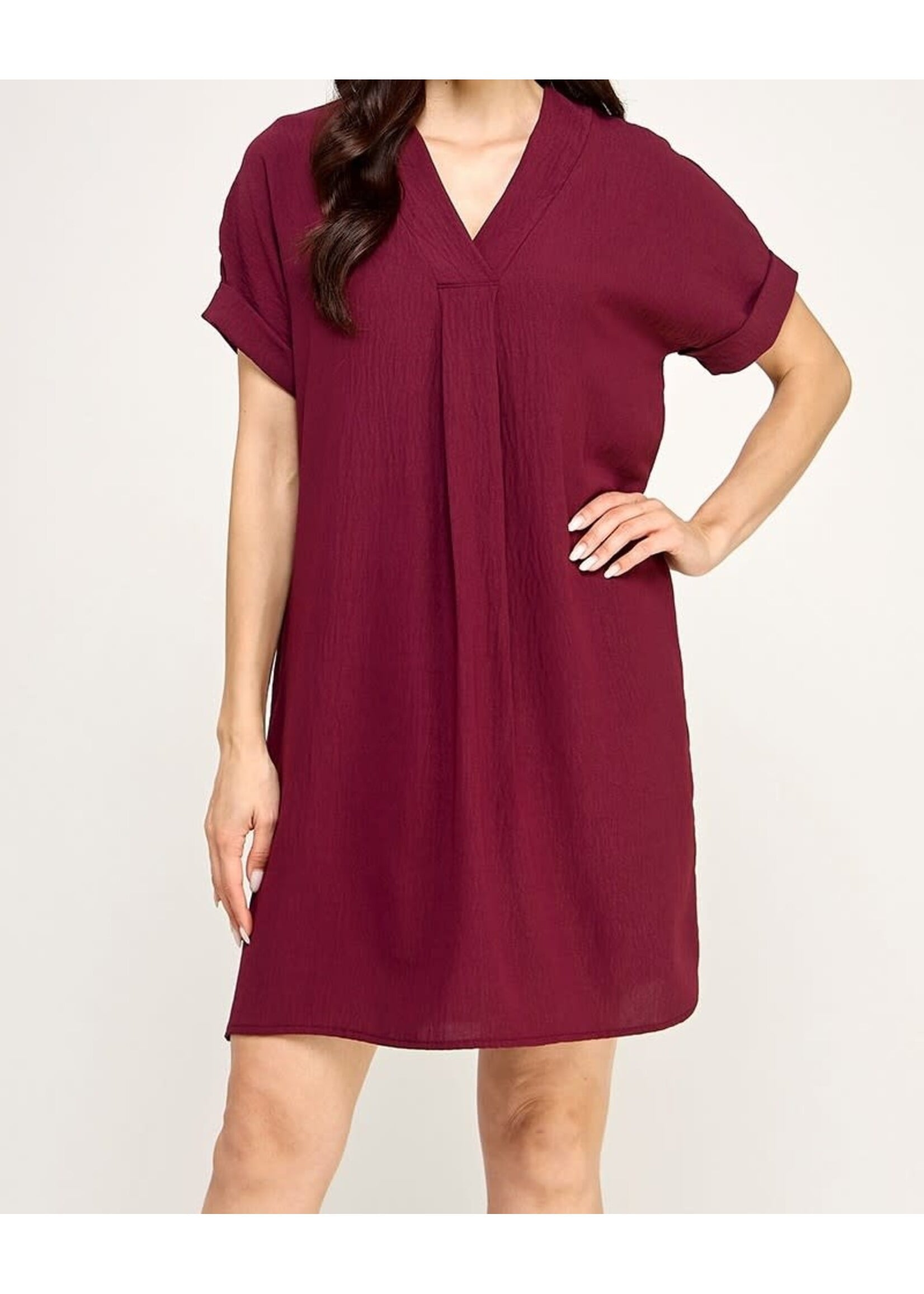 2HD4008 - SOLID VNECK DRESS W FRONT BOX PLEATS AND ROLLED CUFF SLEEVE