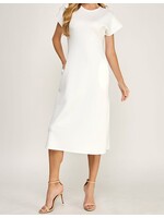 2HD4180 - SCUBA KNIT MIDI DRESS, ROUND NECKLINE, SPLIT SHORT SLEEVE