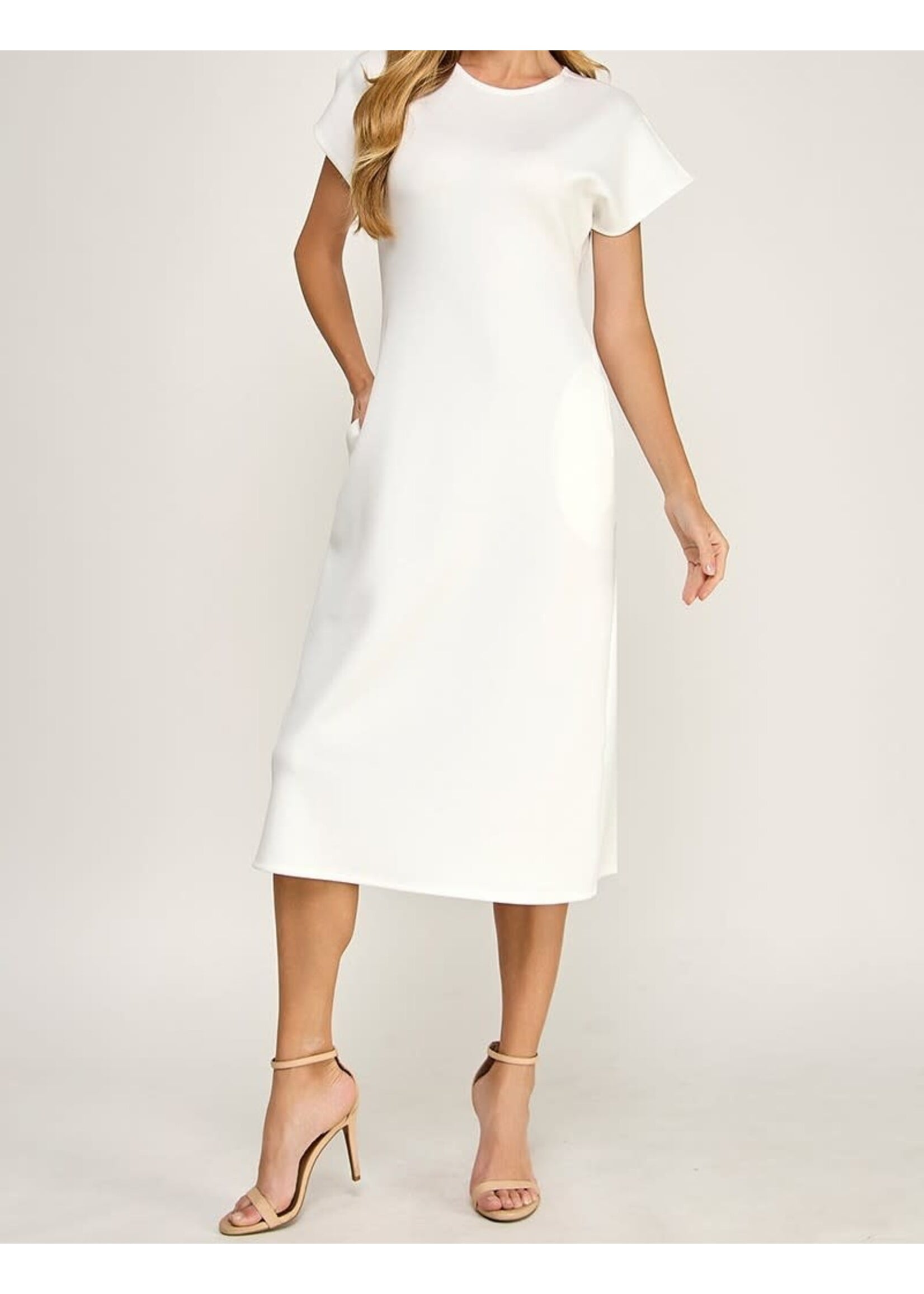 2HD4180 - SCUBA KNIT MIDI DRESS, ROUND NECKLINE, SPLIT SHORT SLEEVE