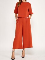 2HST4214 - SOLID DUBAI SET BOAT NECKLINE TOP & HIGH WAISTED CULOTTE PANTS