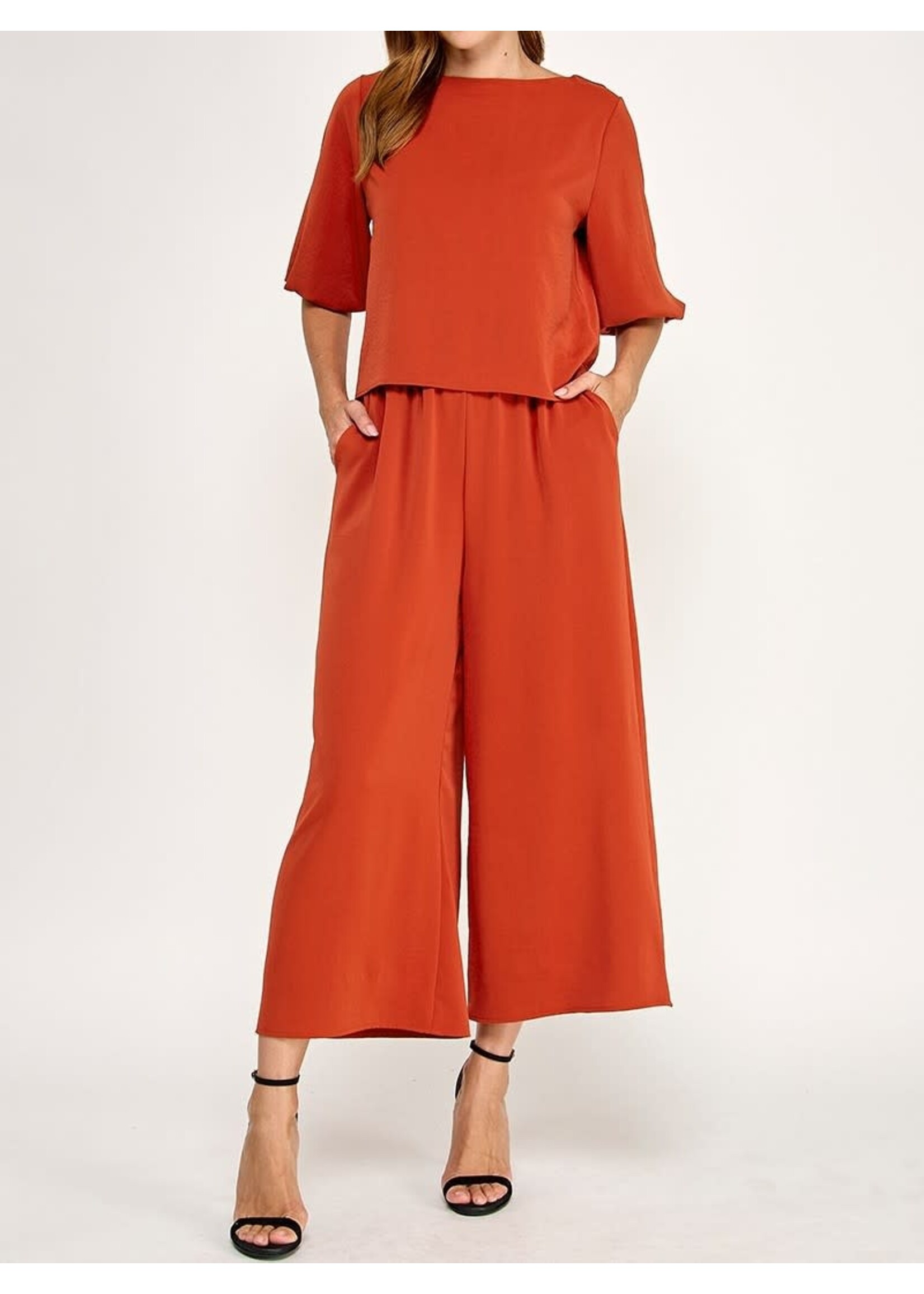 2HST4214 - SOLID DUBAI SET BOAT NECKLINE TOP & HIGH WAISTED CULOTTE PANTS