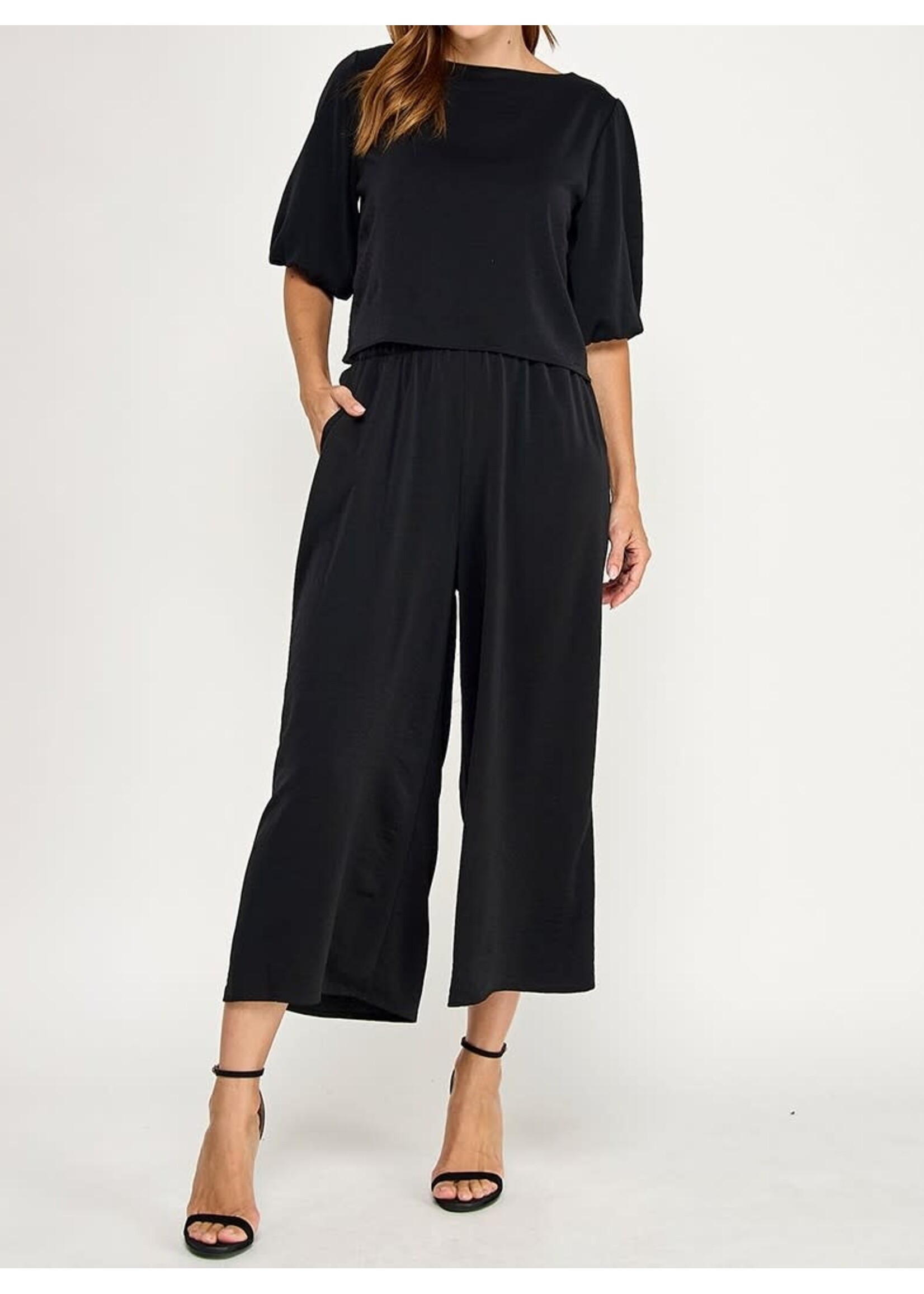 2HST4214 - SOLID DUBAI SET BOAT NECKLINE TOP & HIGH WAISTED CULOTTE PANTS