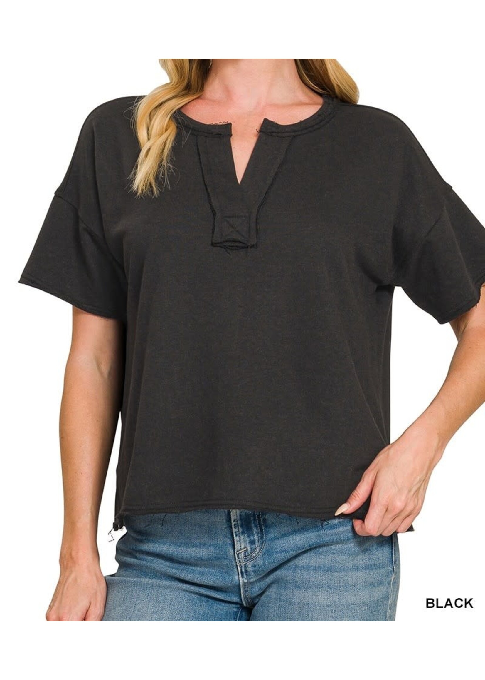 ZNTT5397Y - FRENCH TERRY SPLIT NECK EXPOSED SEAM TOP