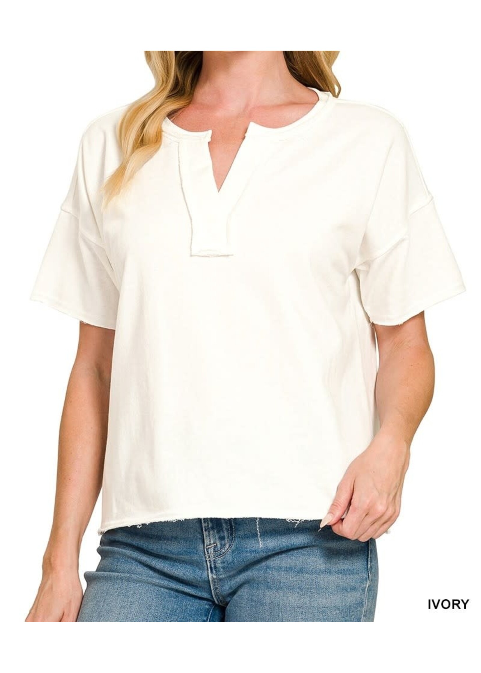 ZNTT5397Y - FRENCH TERRY SPLIT NECK EXPOSED SEAM TOP