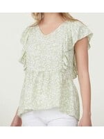 TNRKT83165 - RUFFLE SLEEVES FLORAL PRINT RUFFLE DETAIL TOP