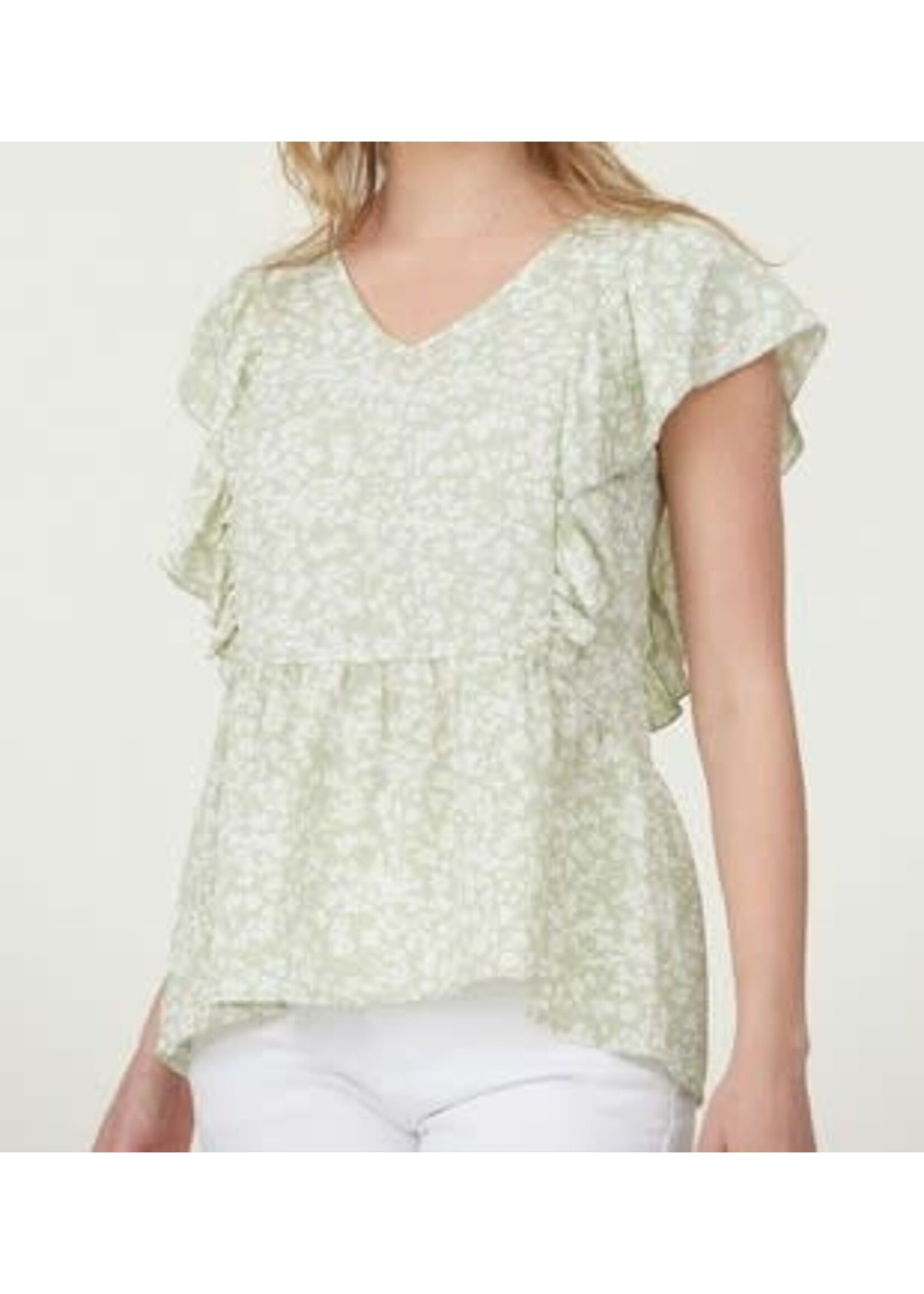 TNRKT83165 - RUFFLE SLEEVES FLORAL PRINT RUFFLE DETAIL TOP