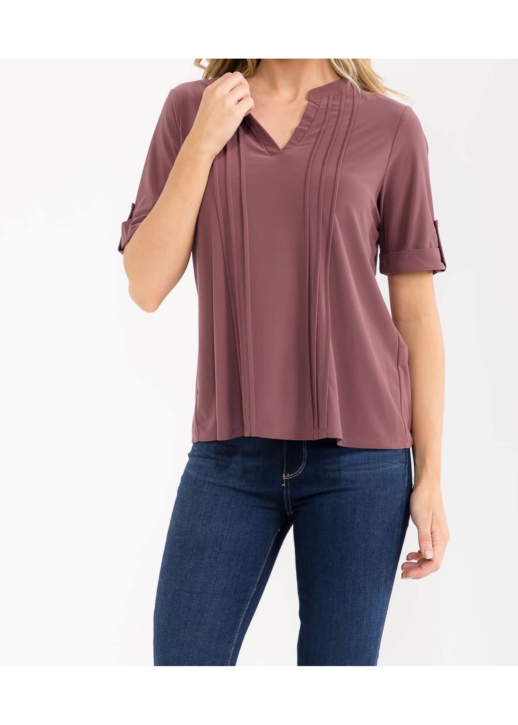 PCTPMS2316 - PINTUCK SPLIT NECK SHORT SLEEVE TOP