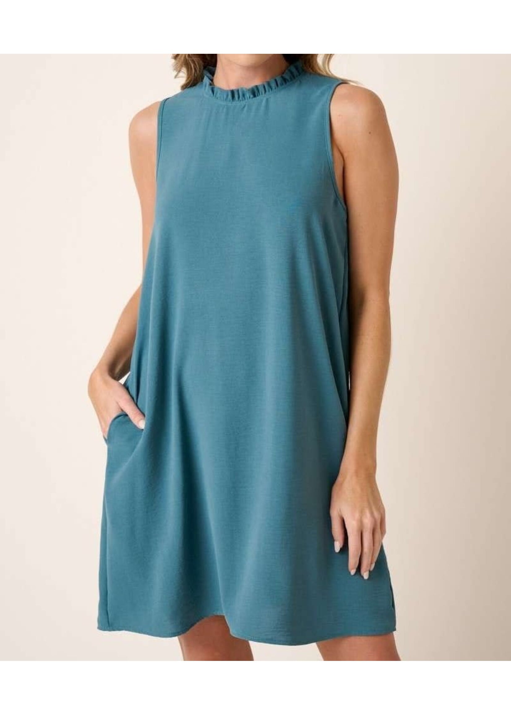 MSD1886 - RUFFLE MOCK NECK SLEEVELESS DRESS