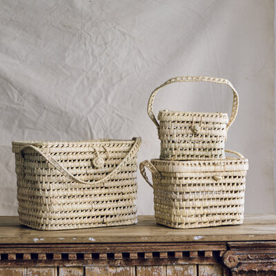 Set of 3 Baskets with Lid and Handles