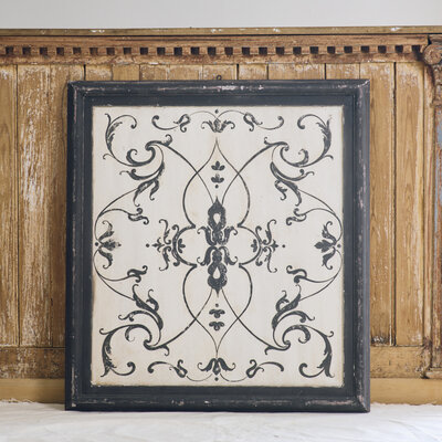 Antique Painted Wood Panel with Black Frame