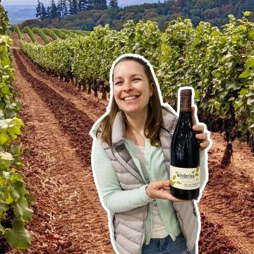 Background image is a vineyard in Oregon in the Dundee Hills AVA showing the red, clay-and-iron-rich soil that is know as Jory soil