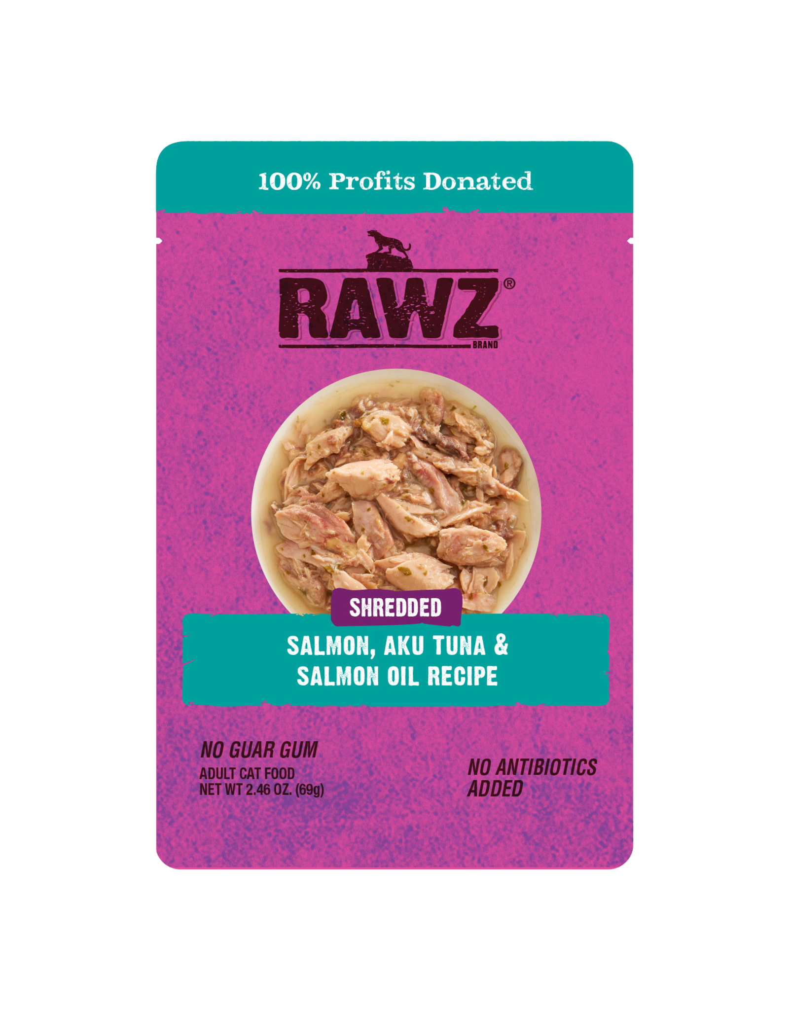 Rawz Rawz Shredded Salmon, Aku Tuna & Tuna Oil Cat Food 2.46oz pouch