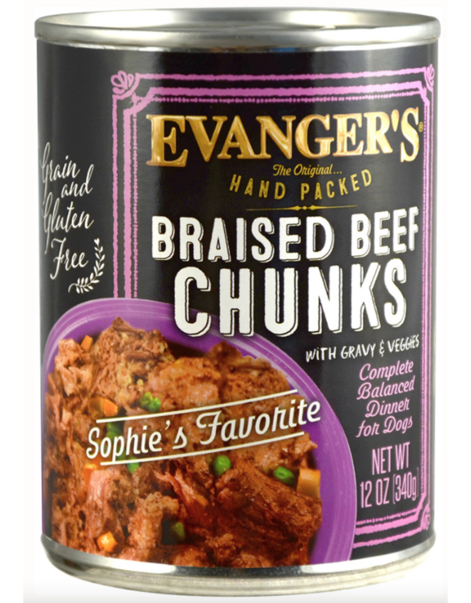 Evangers Evanger's Hand Packed Braised Beef Chunks with Gravy Dog Food 12oz