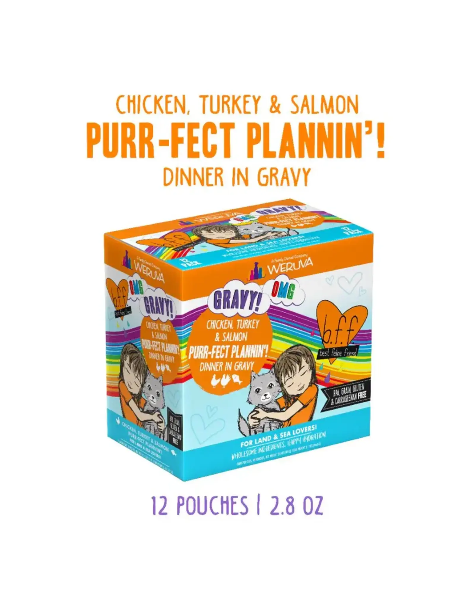 Weruva Weruva BFF OMG Purr-Fect Plannin Chicken, Turkey & Salmon Dinner in Gravy Cat Food 2.8oz Pouch