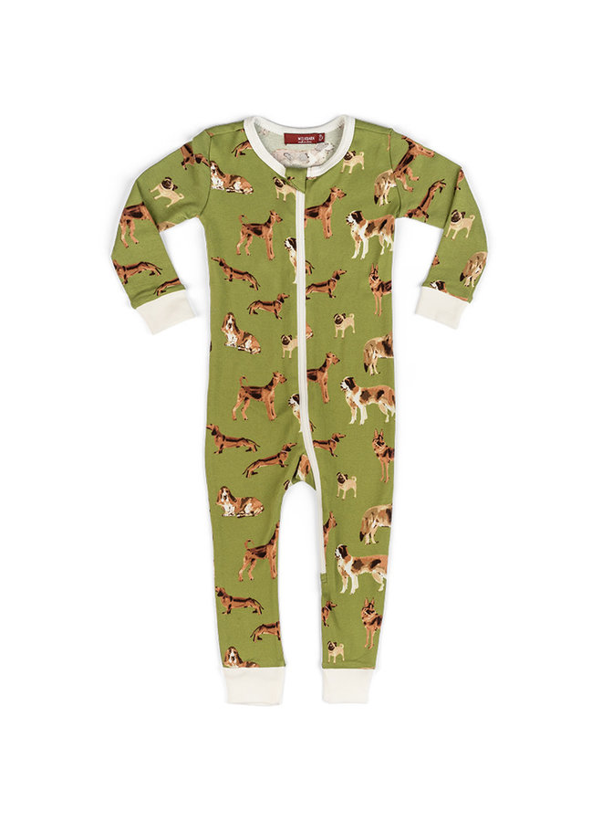 Organic Cotton Zipper Pajamas in Cotton Bag - Green Dog