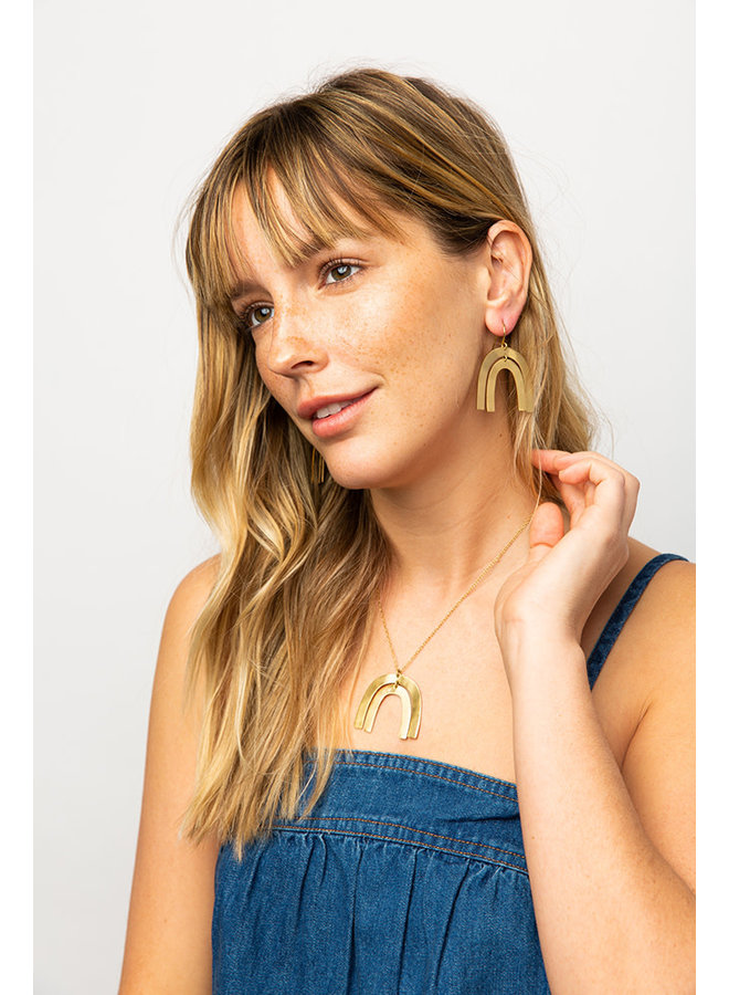 Matte Brass Rainbow Double Drop Earrings