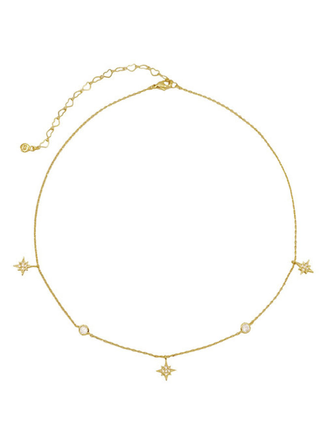 North Star & CZ Dangle Choker Necklace - 14K Gold Dipped (Secret Box)