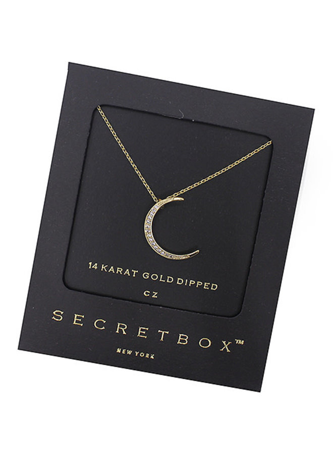 Crescent Moon Necklace - 14K Gold Dipped w/ CZs (Secret Box)