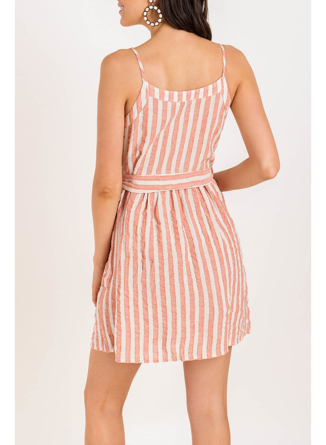 Pink Striped Short Dress w/ Buttons & Waist Tie