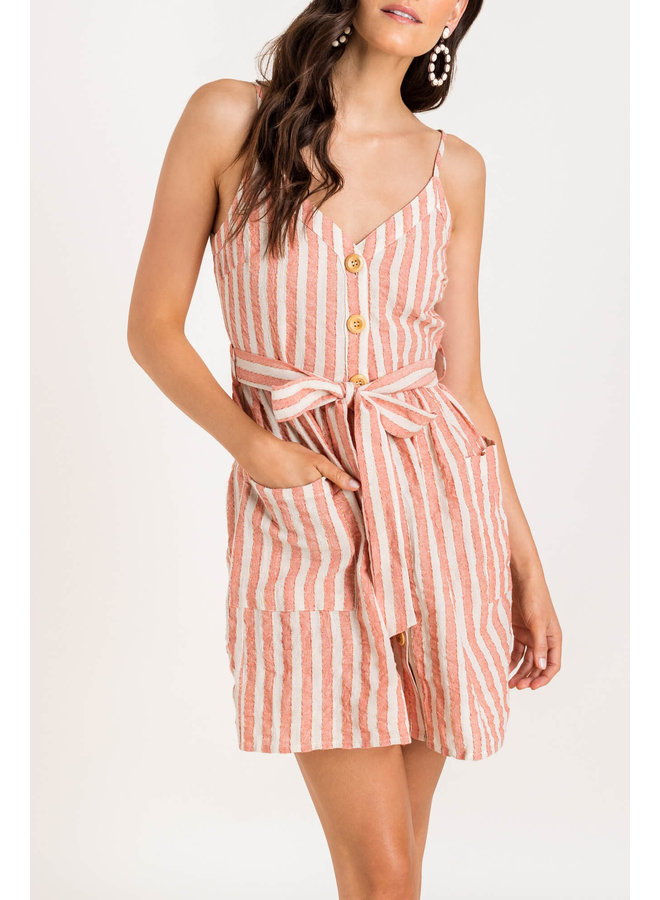 Pink Striped Short Dress w/ Buttons & Waist Tie