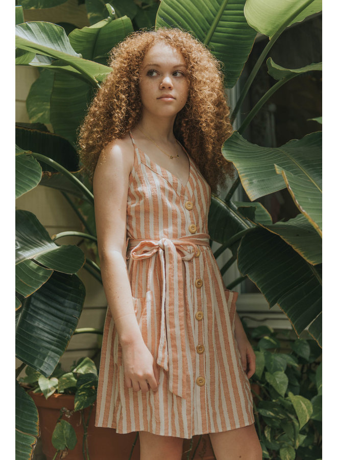 Pink Striped Short Dress w/ Buttons & Waist Tie