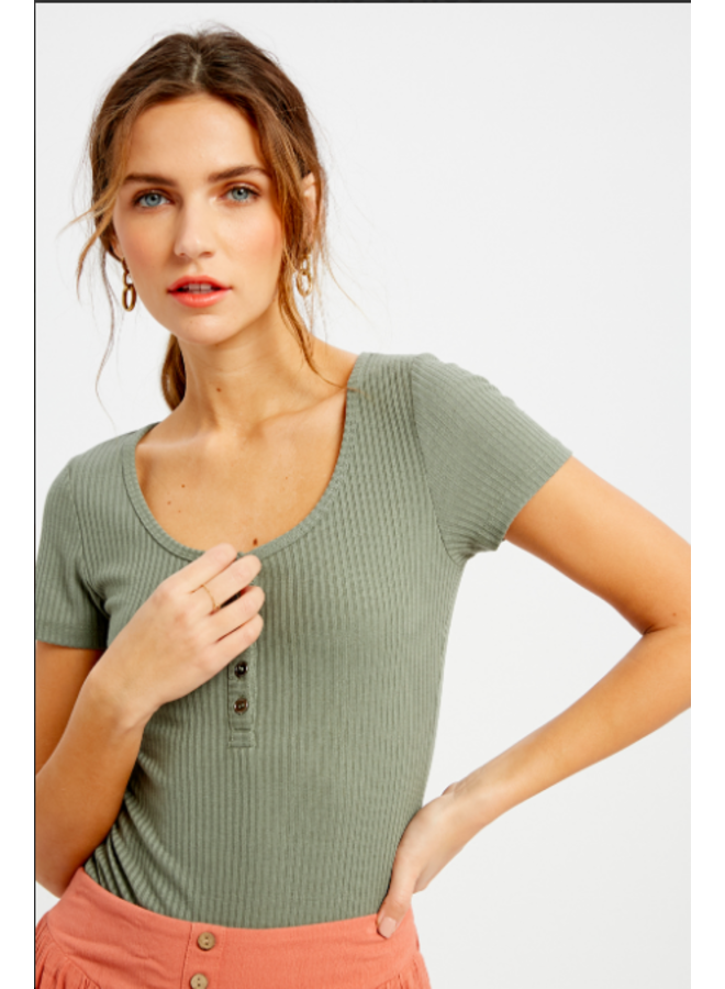 Ribbed Body Suit w/ Buttons by Wishlist - Olive