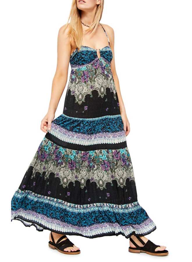 Black Boho Floral Maxi Dress w/ Criss Cross Back by Free