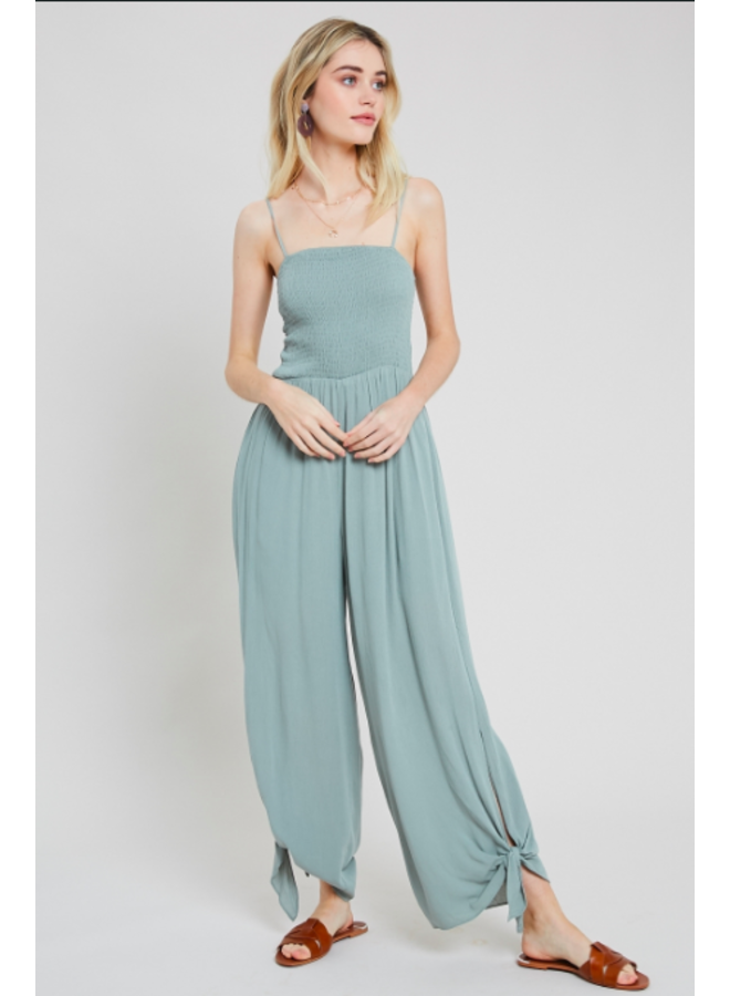 Spaghetti Strap Jumpsuit w/ Smocked Top & Tie Pant by Wishlist - Sage -  Miss Monroe Boutique
