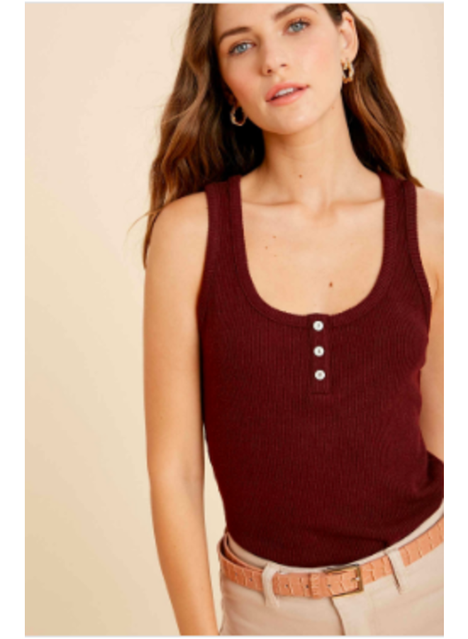 Ribbed Sleeveless Tank Top w/ Three Buttons by Wishlist - Wine Red