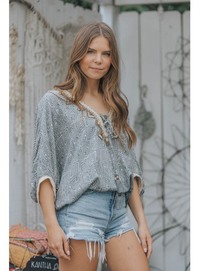 Namibia Miami Top w/ Beaded Neck & Tassels by Skemo - Grey