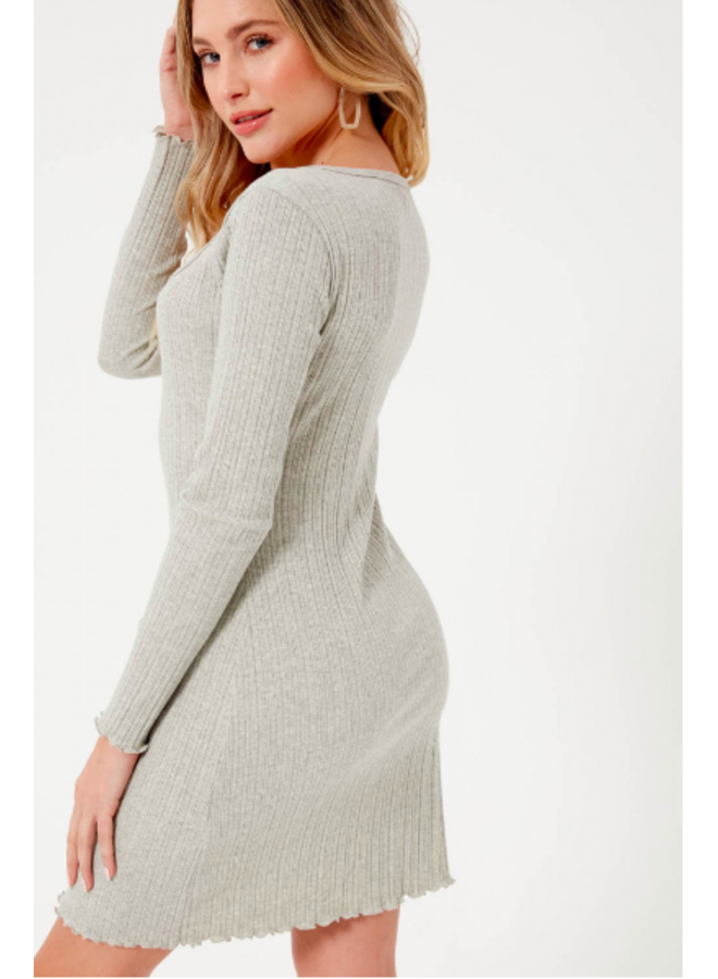 Long Sleeve Ribbed Dress w/ Snaps by Lush - Heather Grey