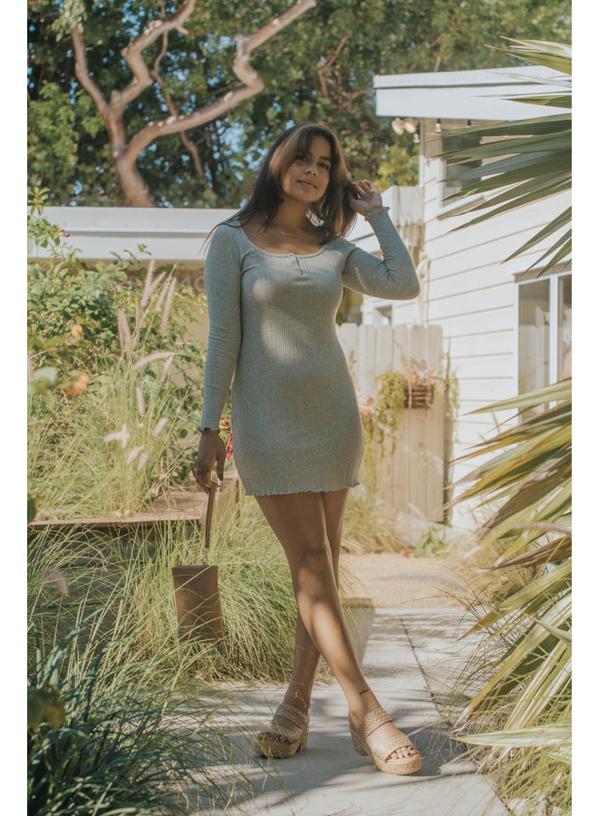 Long Sleeve Ribbed Dress w/ Snaps by Lush - Heather Grey