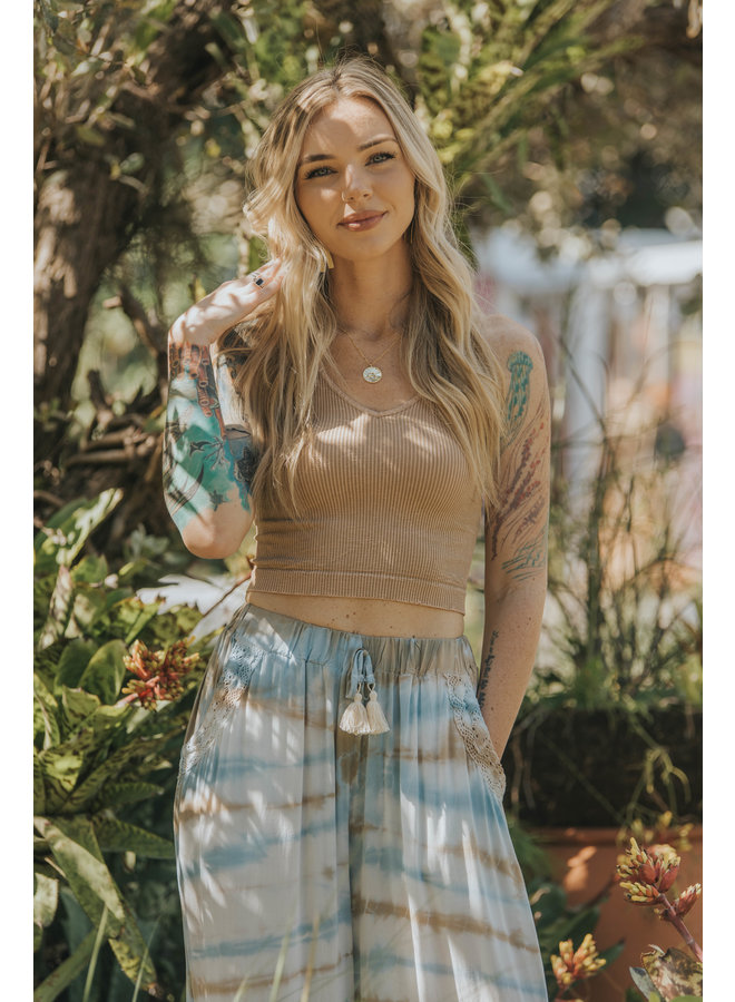 Blue, White, Brown Tie Dye  Pants w/ Crochet & Side Slit by Surf Gypsy