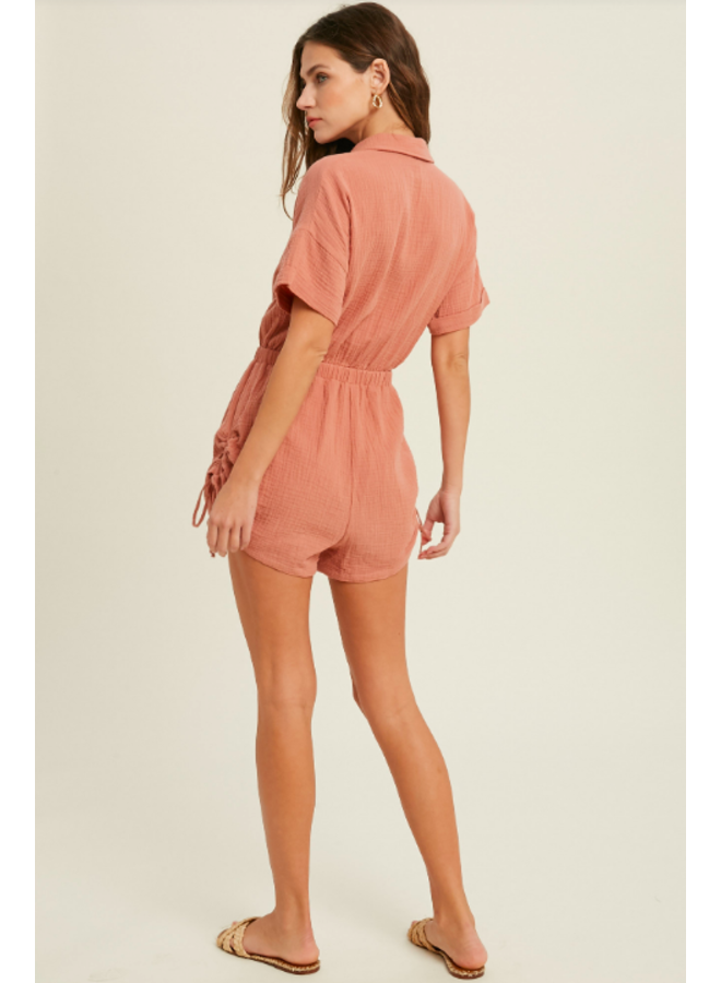 Gauze Button Up Romper w/ Shirred Sides by Wishlist - Ginger