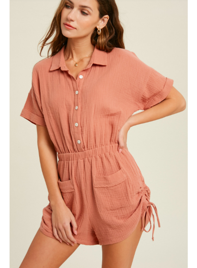 Gauze Button Up Romper w/ Shirred Sides by Wishlist - Ginger