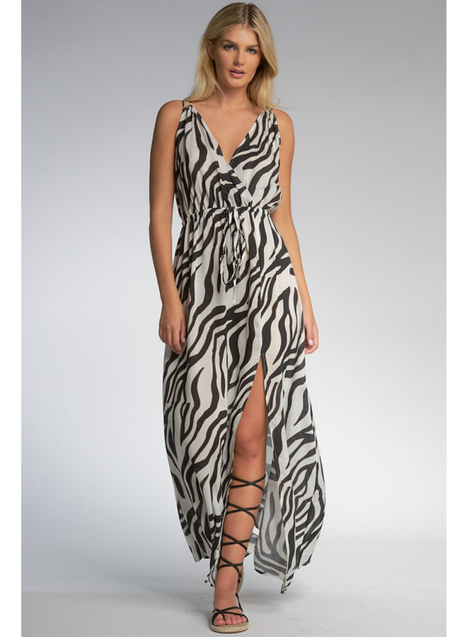 Sleeveless Maxi Dress w/ Tie Back by Elan - Zebra Jungle Print