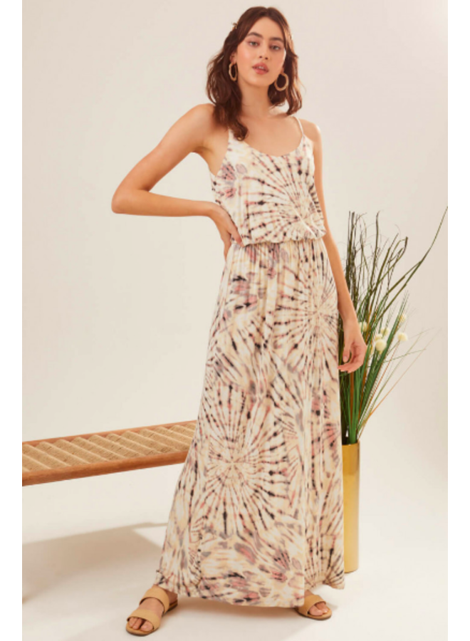 Cream & Lavender Tie Dye Maxi Dress w/ Spaghetti Straps by Lush