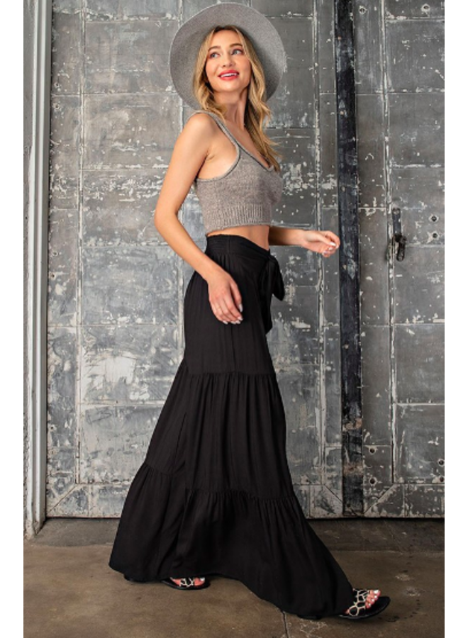 Wide Leg Tiered Pants w/ Tie Waist - Black