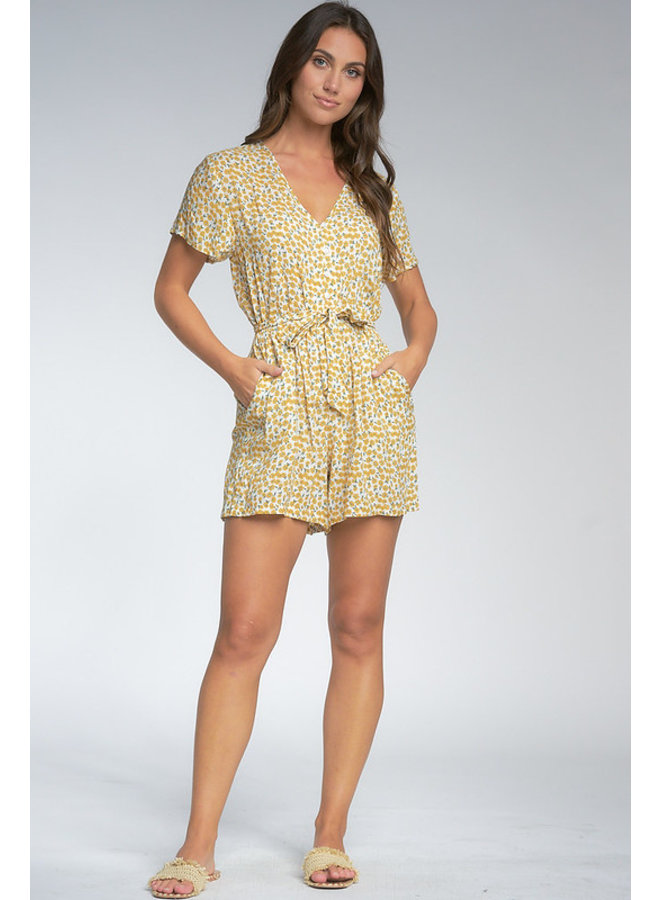 Button Up Tie Front Daisy Romper by Elan - Yellow Daisy