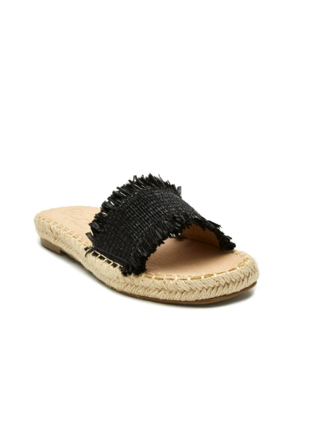 Black Braided Straw Slide Sandals w/ Raw Edge - Koko