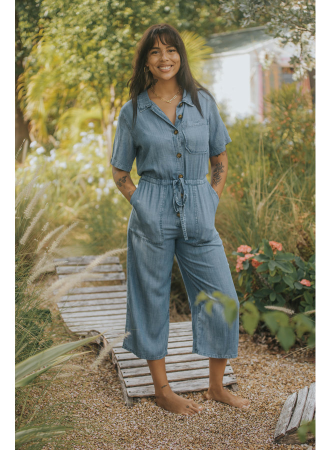 Denim Button Up Short Sleeve Jumpsuit by Velvet Heart