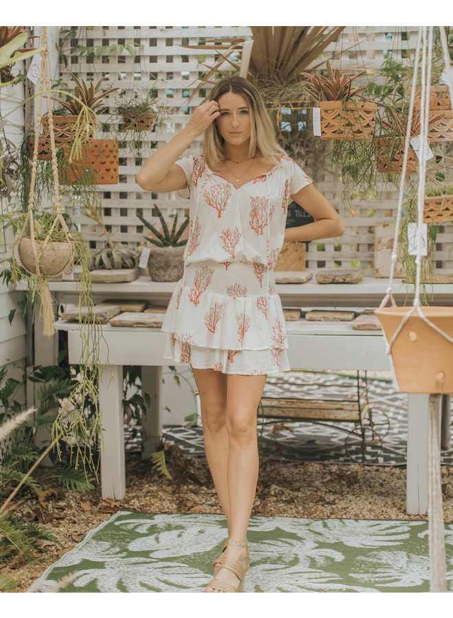 Coral Reef Gypsy Dress w/ Tie & Smocked Waist by Skemo - Red Coral