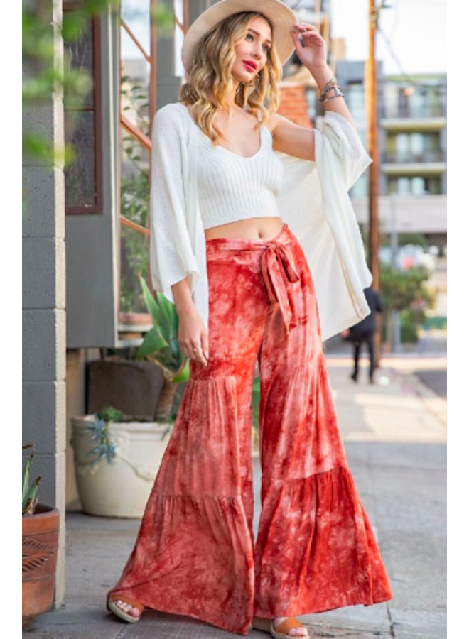 Wide Leg Tiered Pants w Tie Waist  Terracotta Tie Dye  Miss Monroe  Boutique