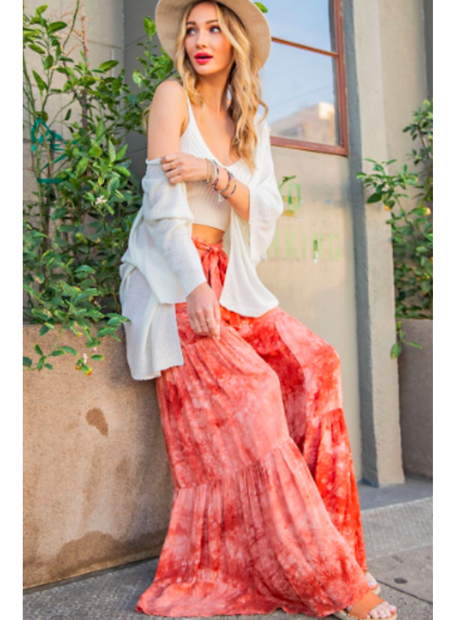 Wide Leg Tiered Pants w/ Tie Waist - Terracotta Tie Dye - Miss