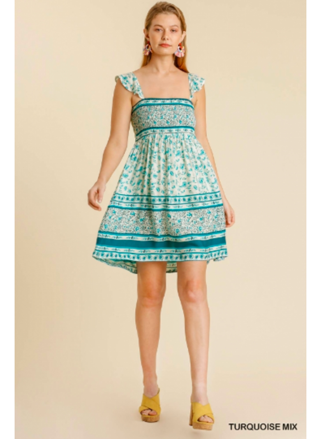 Turquoise Floral Smocked Short Dress w/ Ruffle  Straps